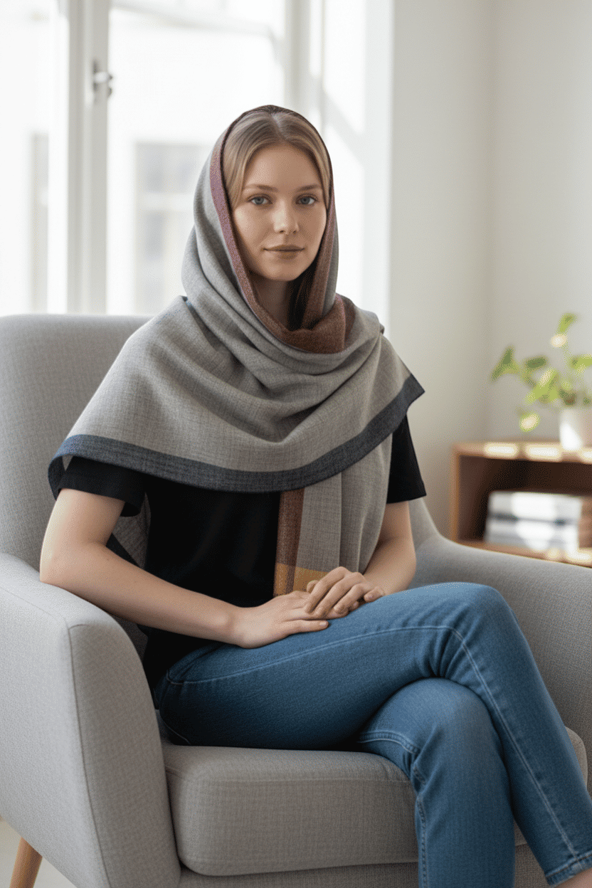 Grey Handloom Scarf With Contrasting Stripes